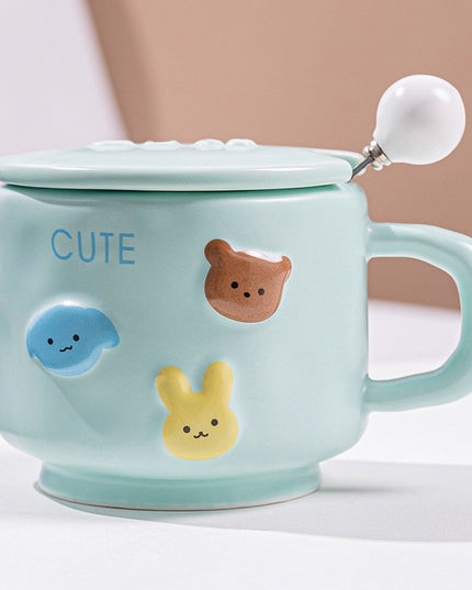 Cana ceramica, din Portelan, print Figurine Animalute, Cana penru Copii, Model CUTE, Cana cu Lingura si Capac, Ceasca pentru Cafea, Ceai, 400ml