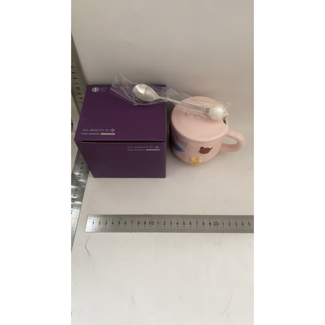 Cana ceramica, din Portelan, print Figurine Animalute, Cana penru Copii, Model CUTE, Cana cu Lingura si Capac, Ceasca pentru Cafea, Ceai, 400ml