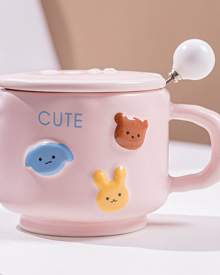 Cana ceramica, din Portelan, print Figurine Animalute, Cana penru Copii, Model CUTE, Cana cu Lingura si Capac, Ceasca pentru Cafea, Ceai, 400ml