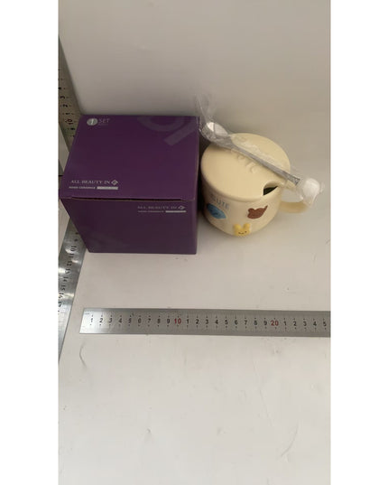 Cana ceramica, din Portelan, print Figurine Animalute, Cana penru Copii, Model CUTE, Cana cu Lingura si Capac, Ceasca pentru Cafea, Ceai, 400ml