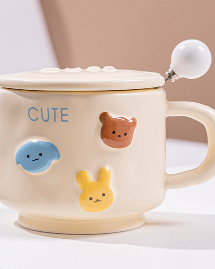 Cana ceramica, din Portelan, print Figurine Animalute, Cana penru Copii, Model CUTE, Cana cu Lingura si Capac, Ceasca pentru Cafea, Ceai, 400ml