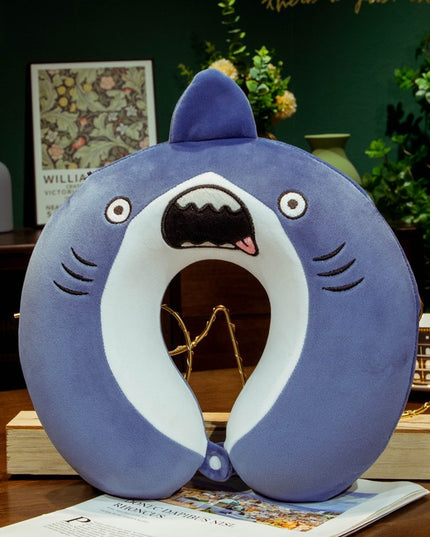 Perna de Calatorie in Forma de U, Pentru Gat si Cap, Umplutura din Spuma cu Memorie,Model Rechin, Accesoriu de Voiaj, Birou, Masina, Sistem Prindere Capse