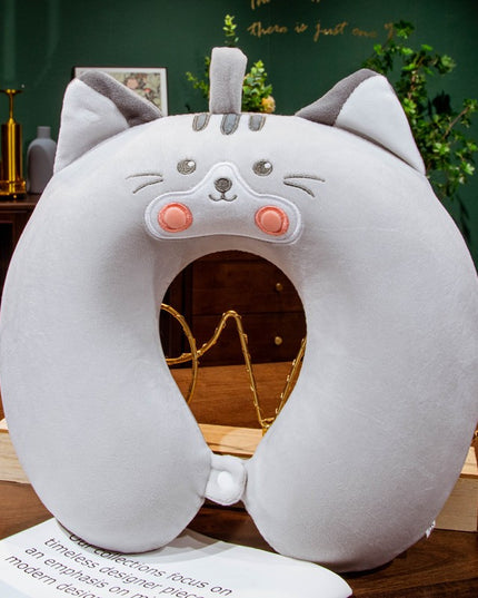 Perna de Calatorie in Forma de U, Pentru Gat si Cap, Umplutura din Spuma cu Memorie,Model Pisica, Accesoriu de Voiaj, Birou, Masina, Sistem Prindere Capse