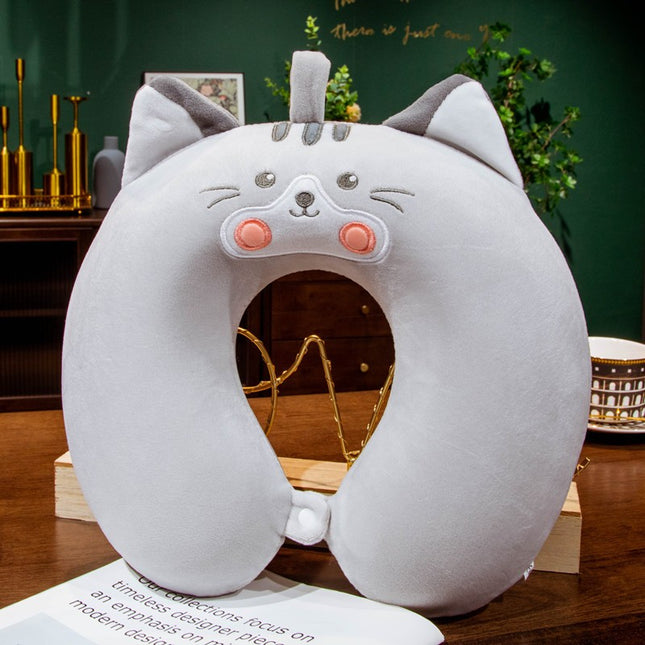 Perna de Calatorie in Forma de U, Pentru Gat si Cap, Umplutura din Spuma cu Memorie,Model Pisica, Accesoriu de Voiaj, Birou, Masina, Sistem Prindere Capse