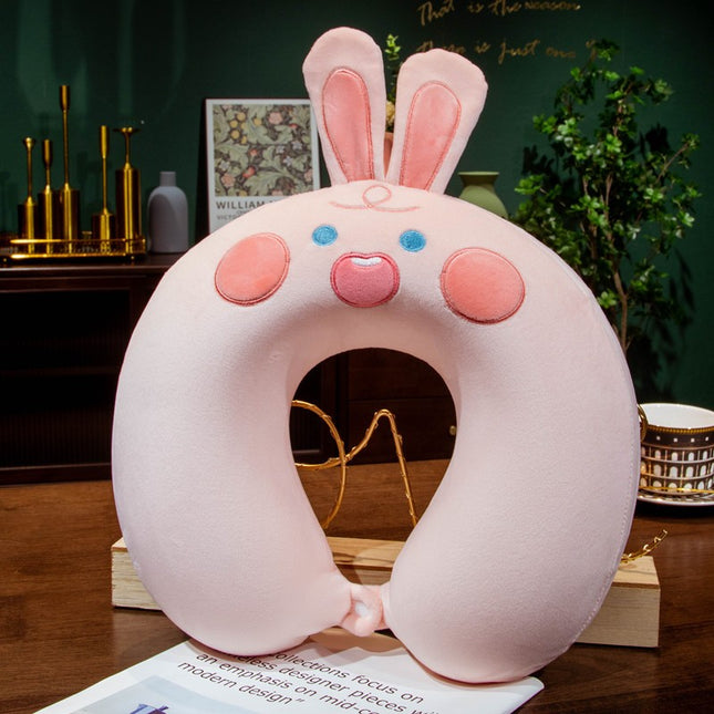 Perna de Calatorie in Forma de U, Pentru Gat si Cap, Umplutura din Spuma cu Memorie,Model Iepuras, Accesoriu de Voiaj, Birou, Masina, Sistem Prindere Capse