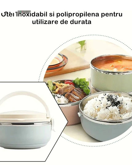 Caserola pentru alimente lunch box, 700 ml, otel inoxidabil, maner, valva aerisire, inchidere etansa