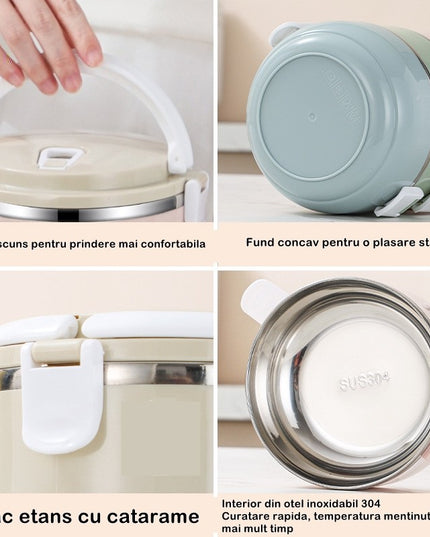 Caserola pentru alimente lunch box, 700 ml, otel inoxidabil, maner, valva aerisire, inchidere etansa