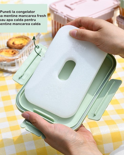 Caserola portabila pentru mancare fresh 1500 ml, 2 furculite,2 capace detasabile pentru congelator, etans, spatiu pentru tacamuri, maner, material plastic, rezistent la temperaturi ridicate