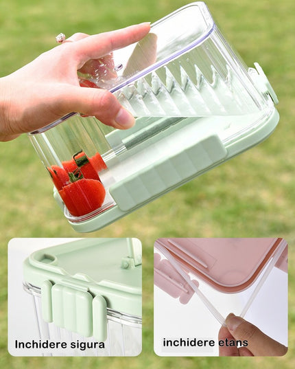 Caserola portabila pentru mancare fresh 550 ml, furculita pentru fructe,capac detasabil pentru congelator, etans, spatiu pentru tacamuri, maner, material plastic, rezistent la temperaturi ridicate