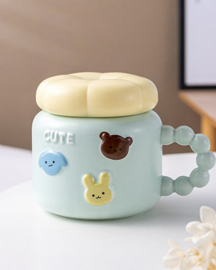 Cana pentru Copii, din Portelan, print Figurine Animalute, Model CUTE, Cana cu Capac, Ceasca pentru Cafea, Ceai, 400ml