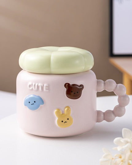 Cana pentru Copii, din Portelan, print Figurine Animalute, Model CUTE, Cana cu Capac, Ceasca pentru Cafea, Ceai, 400ml