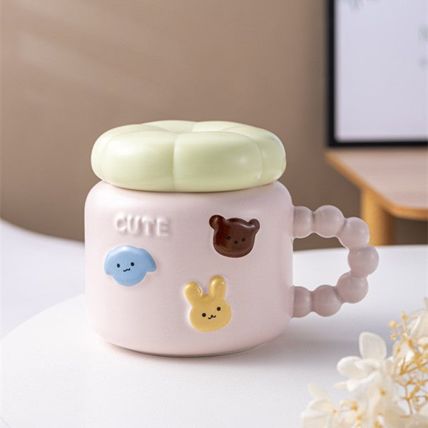 Cana pentru Copii, din Portelan, print Figurine Animalute, Model CUTE, Cana cu Capac, Ceasca pentru Cafea, Ceai, 400ml