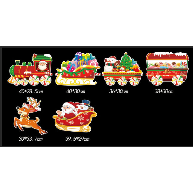 Decoratiune de Craciun, pentru Gradina, Tip Trenulet, 6 Figurine + Bete de Infipt in Pamant, din Plastic, Impermeabil, Model Mos Craciun in Tren si in Sanie