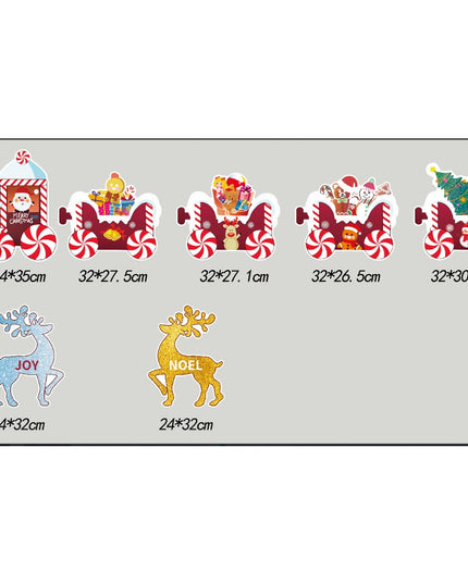 Decoratiune de Craciun, pentru Gradina, Tip Trenulet, 7 Figurine + Bete de Infipt in Pamant, din Plastic, Impermeabil, Model Renii Joy si Noel
