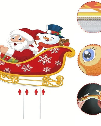 Decoratiune de Craciun, pentru Gradina, Tip Trenulet, 6 Figurine + Bete de Infipt in Pamant, din Plastic, Impermeabil, Model Mos Craciun cu Renii