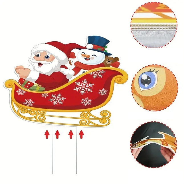 Decoratiune de Craciun, pentru Gradina, Tip Trenulet, 6 Figurine + Bete de Infipt in Pamant, din Plastic, Impermeabil, Model Mos Craciun cu Renii