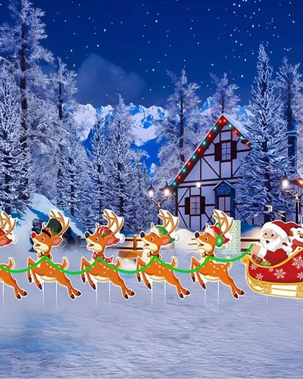 Decoratiune de Craciun, pentru Gradina, Tip Trenulet, 6 Figurine + Bete de Infipt in Pamant, din Plastic, Impermeabil, Model Mos Craciun cu Renii