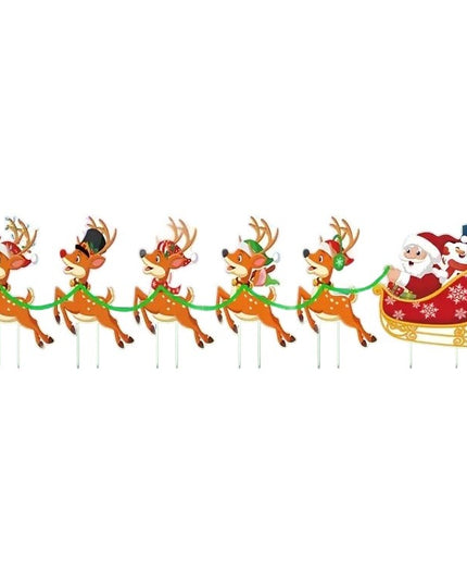 Decoratiune de Craciun, pentru Gradina, Tip Trenulet, 6 Figurine + Bete de Infipt in Pamant, din Plastic, Impermeabil, Model Mos Craciun cu Renii