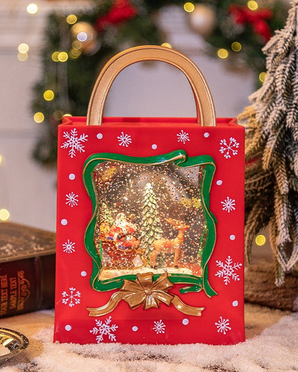 Decoratiune de Craciun, Model Sacosa Cadou cu Mos Craciun si Ren, Iluminare LED si Efect Zapada