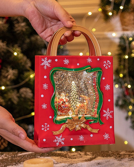 Decoratiune de Craciun, Model Sacosa Cadou cu Mos Craciun si Ren, Iluminare LED si Efect Zapada