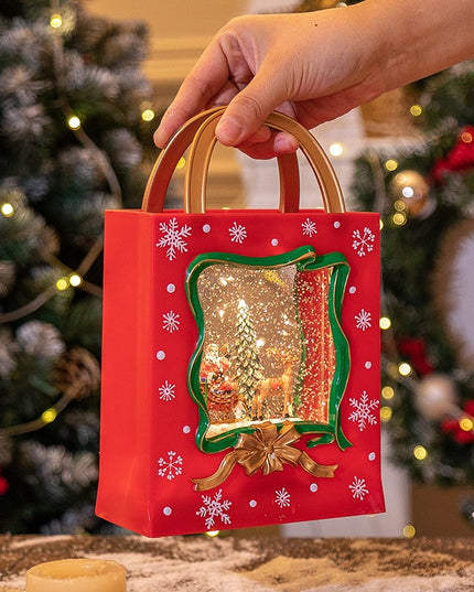 Decoratiune de Craciun, Model Sacosa Cadou cu Mos Craciun si Ren, Iluminare LED si Efect Zapada
