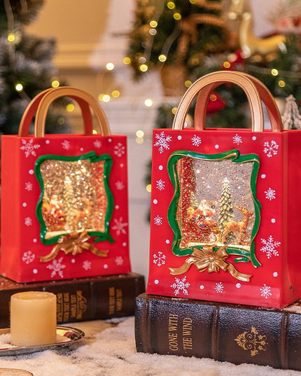 Decoratiune de Craciun, Model Sacosa Cadou cu Mos Craciun si Ren, Iluminare LED si Efect Zapada