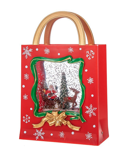 Decoratiune de Craciun, Model Sacosa Cadou cu Mos Craciun si Ren, Iluminare LED si Efect Zapada