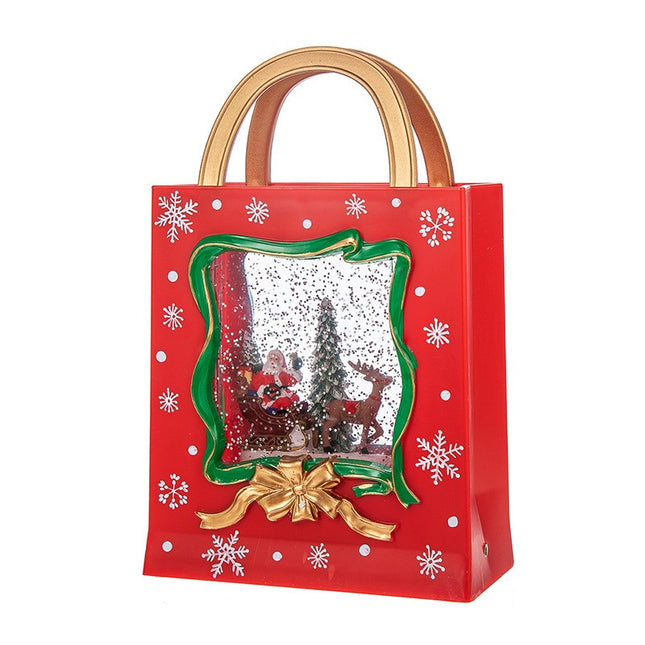 Decoratiune de Craciun, Model Sacosa Cadou cu Mos Craciun si Ren, Iluminare LED si Efect Zapada