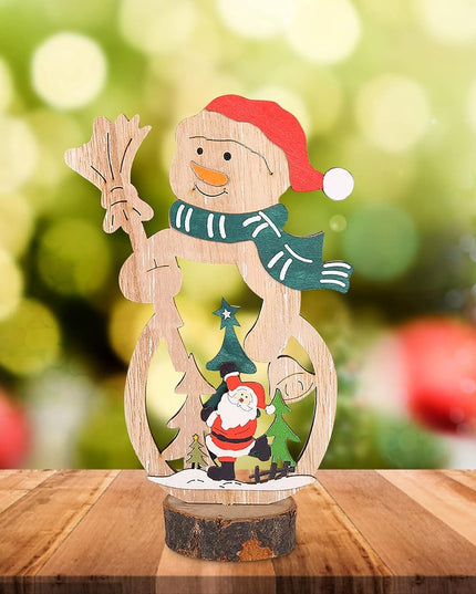 Decoratiune de Craciun, din Lemn,Model Om de Zapada cu Caciula Rosie