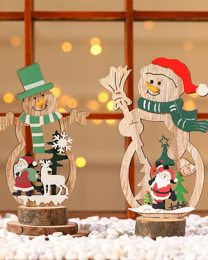 Decoratiune de Craciun, din Lemn,Model Om de Zapada cu Caciula Rosie