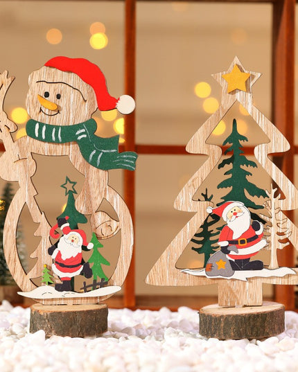 Decoratiune de Craciun, din Lemn,Model Om de Zapada cu Caciula Rosie
