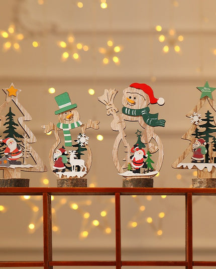 Decoratiune de Craciun, din Lemn,Model Om de Zapada cu Caciula Rosie