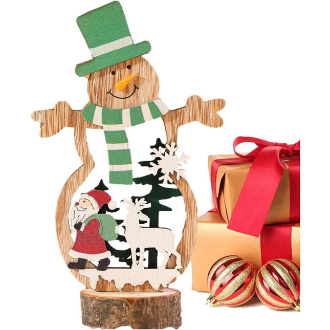 Decoratiune de Craciun, din Lemn,Model Om de Zapada cu Caciula
