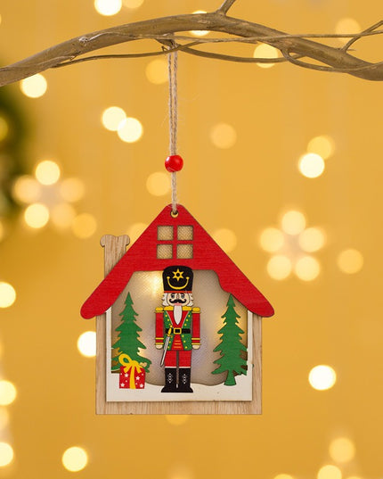 Ornament de Brad, cu Lumini LED, din Lemn, Figurina Spargatorul de Nuci, Model Casuta