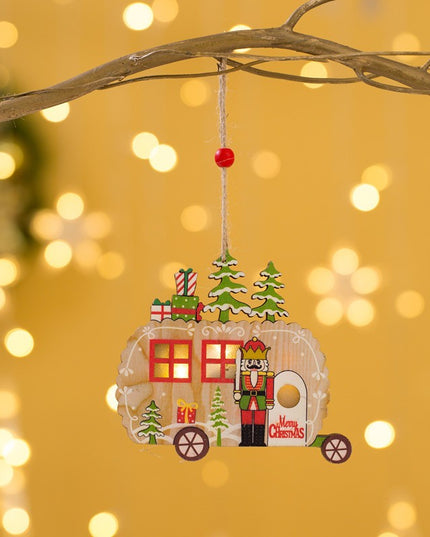 Ornament de Brad, cu Lumini LED, din Lemn, Figurina Spargatorul de Nuci, Model Masina