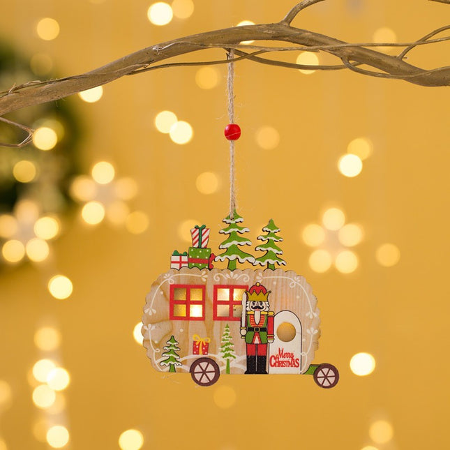 Ornament de Brad, cu Lumini LED, din Lemn, Figurina Spargatorul de Nuci, Model Masina