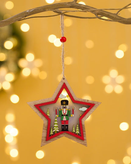 Ornament de Brad, cu Lumini LED, din Lemn, Figurina Spargatorul de Nuci, Model Stea