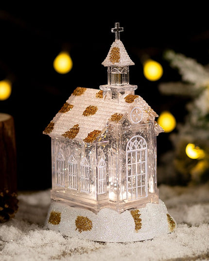 Decoratiune de Craciun, Model Bisericuta Transparenta cu Sclipici, Iluminare LED si Efect Zapada