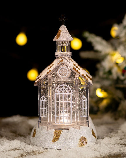 Decoratiune de Craciun, Model Bisericuta Transparenta cu Sclipici, Iluminare LED si Efect Zapada