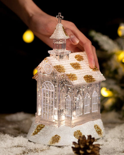Decoratiune de Craciun, Model Bisericuta Transparenta cu Sclipici, Iluminare LED si Efect Zapada