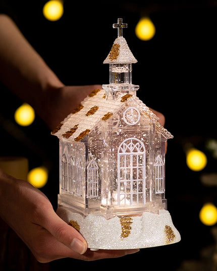 Decoratiune de Craciun, Model Bisericuta Transparenta cu Sclipici, Iluminare LED si Efect Zapada