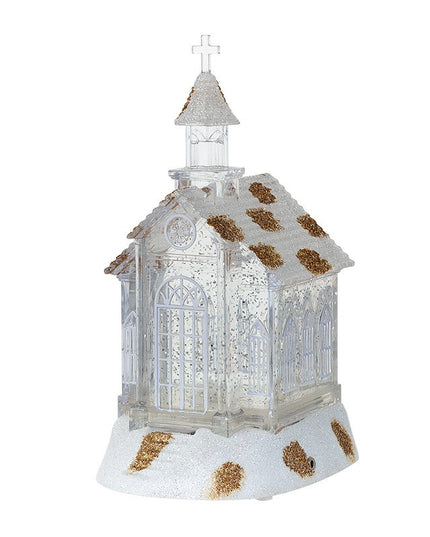 Decoratiune de Craciun, Model Bisericuta Transparenta cu Sclipici, Iluminare LED si Efect Zapada