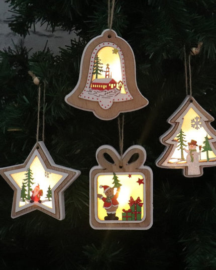 Ornament de Brad, cu Lumini LED, din Lemn, Model Cadou