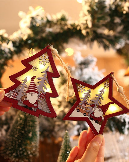 Ornament de Brad, cu Lumini LED, din Lemn, Figurina Elf, Model Stea