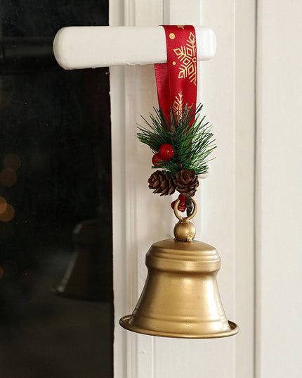 Clopot decorativ pentru Brad Craciun, Clopot din Metal cu Funda si Crenguta de Brad pentru Decoratiune de Craciun