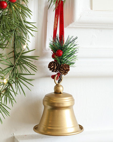 Clopot decorativ pentru Brad Craciun, Clopot din Metal cu Funda si Crenguta de Brad pentru Decoratiune de Craciun
