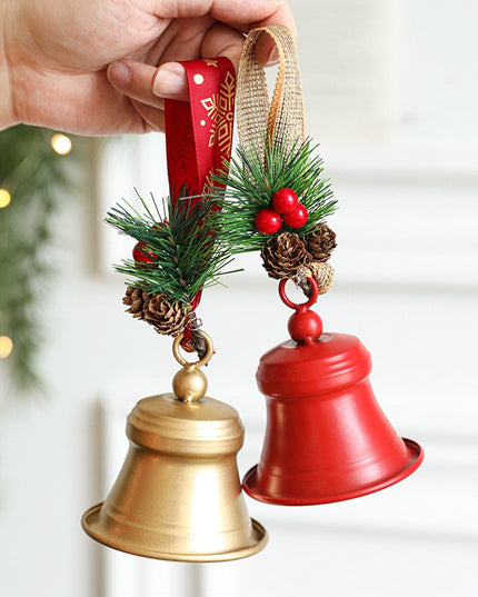 Clopot decorativ pentru Brad Craciun, Clopot din Metal cu Funda si Crenguta de Brad pentru Decoratiune de Craciun