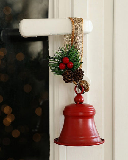Clopot decorativ pentru Brad Craciun, Clopot din Metal cu Funda si Crenguta de Brad pentru Decoratiune de Craciun