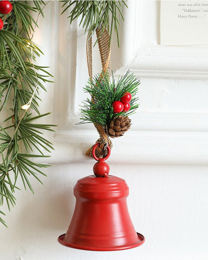 Clopot decorativ pentru Brad Craciun, Clopot din Metal cu Funda si Crenguta de Brad pentru Decoratiune de Craciun