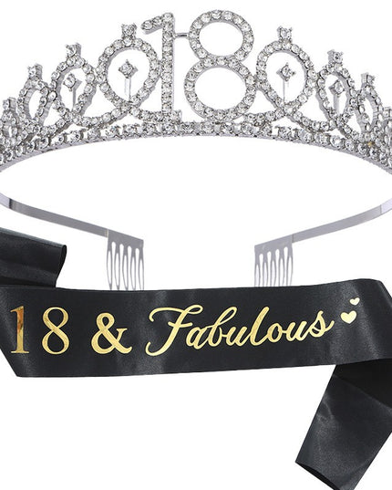 2 Piese pentru Majorat,Coronita Printesa Silver si Panglica 18&Fabulous